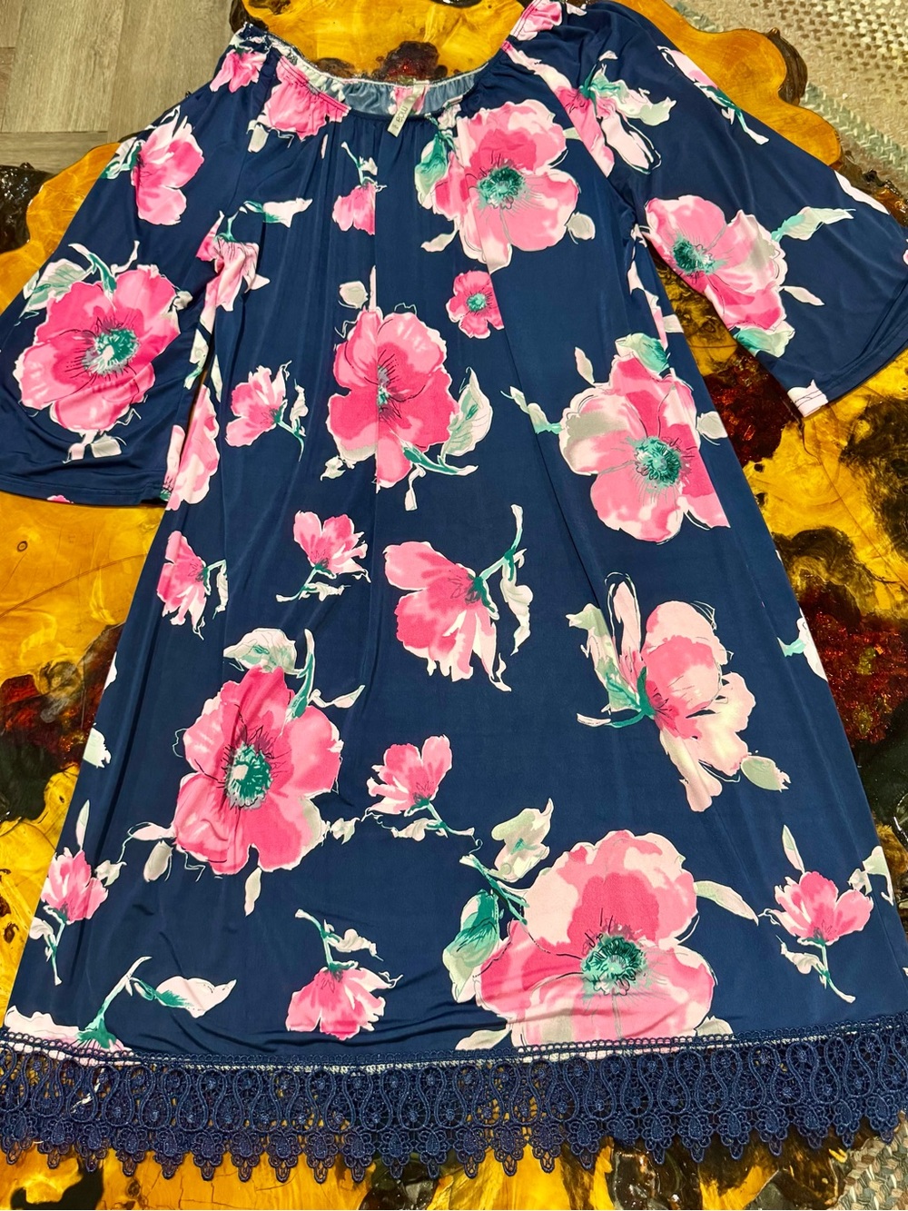 MOA USA Navy Midi Dress with Bold Pink Floral Print